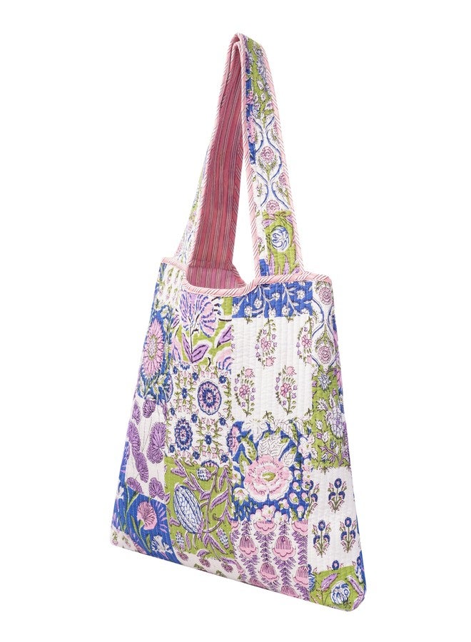 SENORA Quilted Cotton Tote Bag for Women | Hand Block Print Jaipuri Shoulder Handbag | Eco-Friendly Travel & Shopping Bag | Reusable Carryall | Multicolour Floral - Image 2